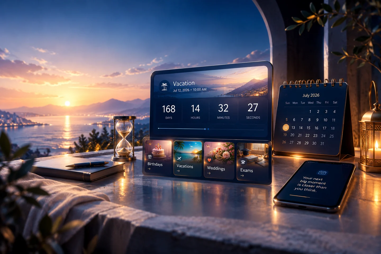 Elegant countdown dashboard with a calendar, clock and personal events